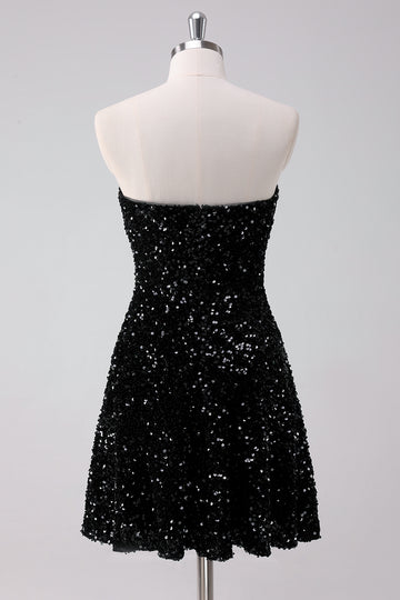 Sparkly Black A-Line Strapless Sequins Short Homecoming Dress